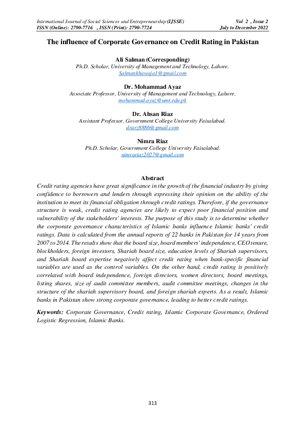 (PDF) The influence of Corporate Governance on Credit Rating in Pakistan