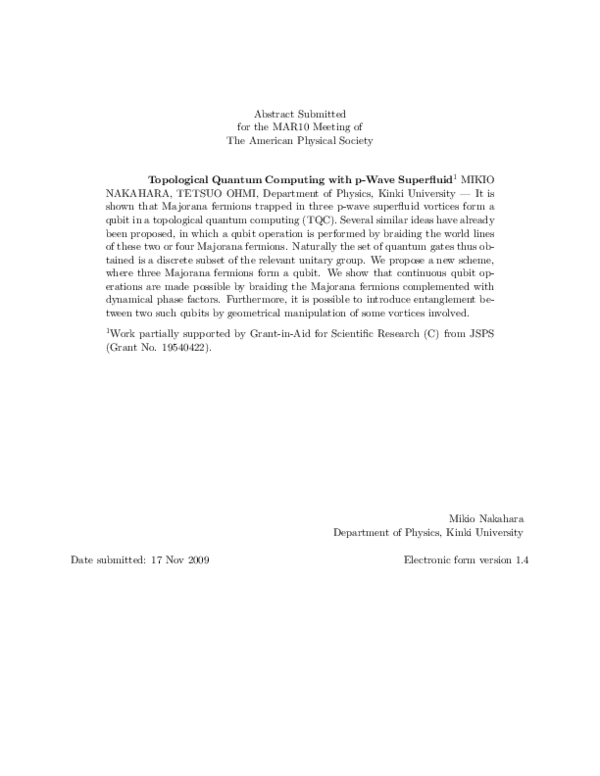 (PDF) Topological Quantum Computing with p-Wave Superfluid
