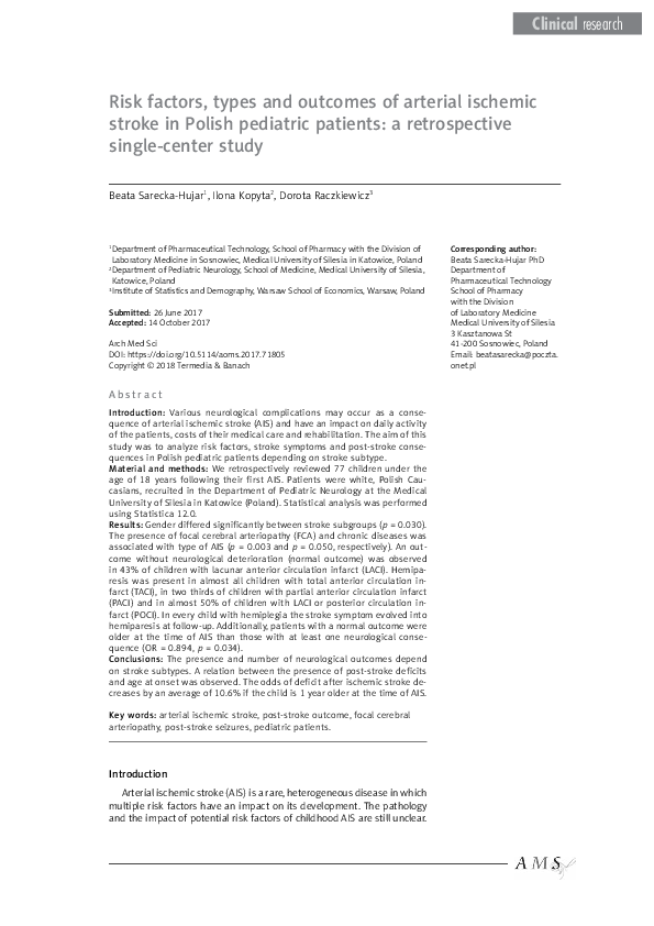 (PDF) Risk factors, types and outcomes of arterial ischemic stroke in ...