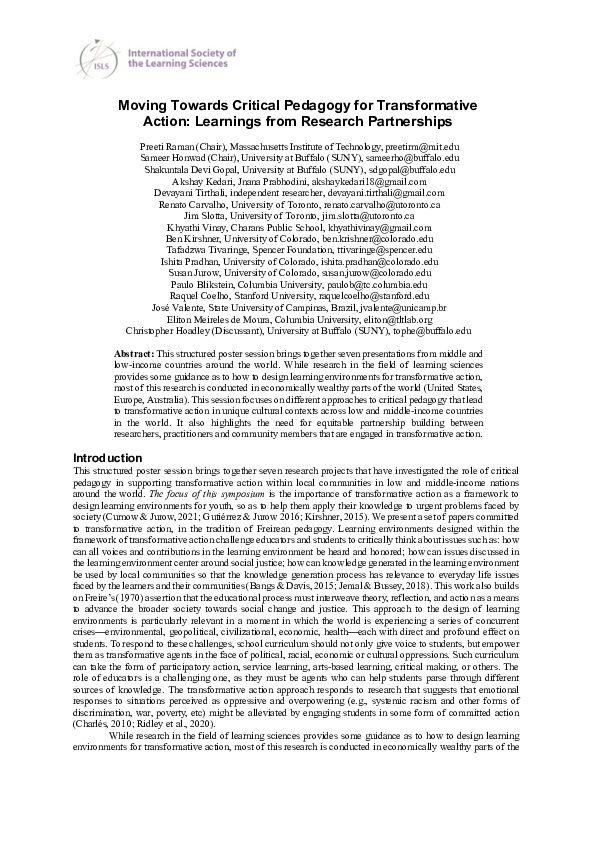 (PDF) Moving Towards Critical Pedagogy for Transformative Action ...