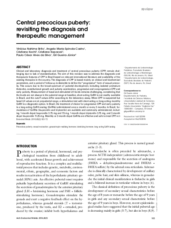 (PDF) Central precocious puberty: revisiting the diagnosis and ...