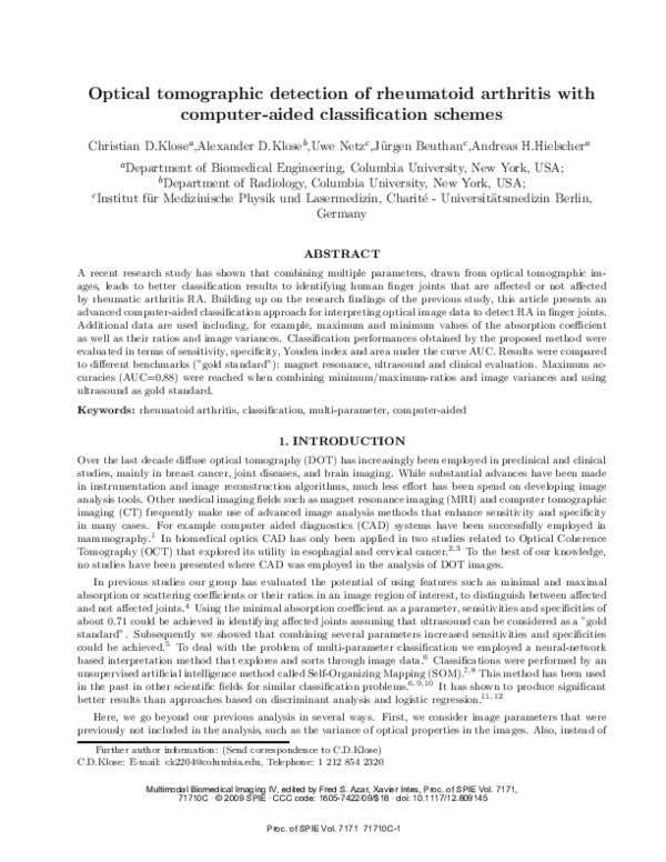 (PDF) Optical tomographic detection of rheumatoid arthritis with ...
