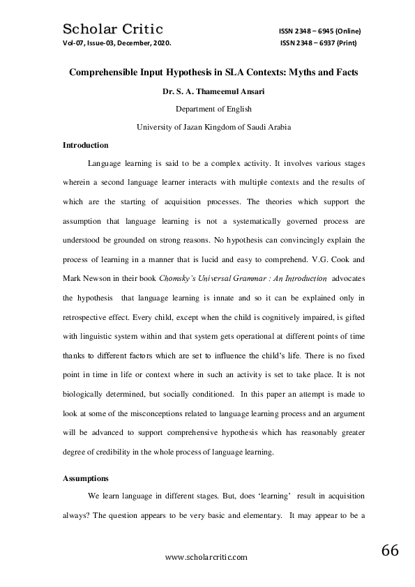 (PDF) Comprehensible Input Hypothesis in SLA Contexts Myths and Facts