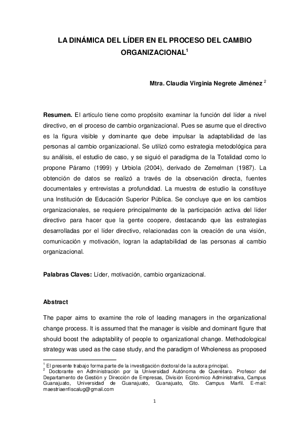 (PDF) La Dinámica Del Líder En El Proceso Del Cambio Organizacional