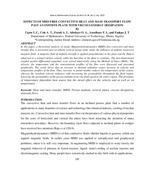 (PDF) EFFECTS OF MHD FREE CONVECTIVE HEAT AND MASS TRANSPORT FLOW PAST ...