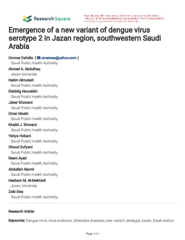 (PDF) Emergence of a new variant of dengue virus serotype 2 in Jazan ...