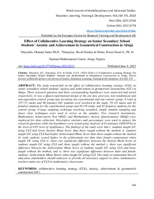 (PDF) Effect of Collaborative Learning Strategy on Senior Secondary ...