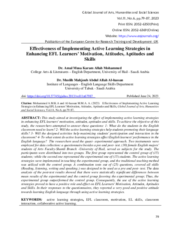 (PDF) Effectiveness of Implementing Active Learning Strategies in ...