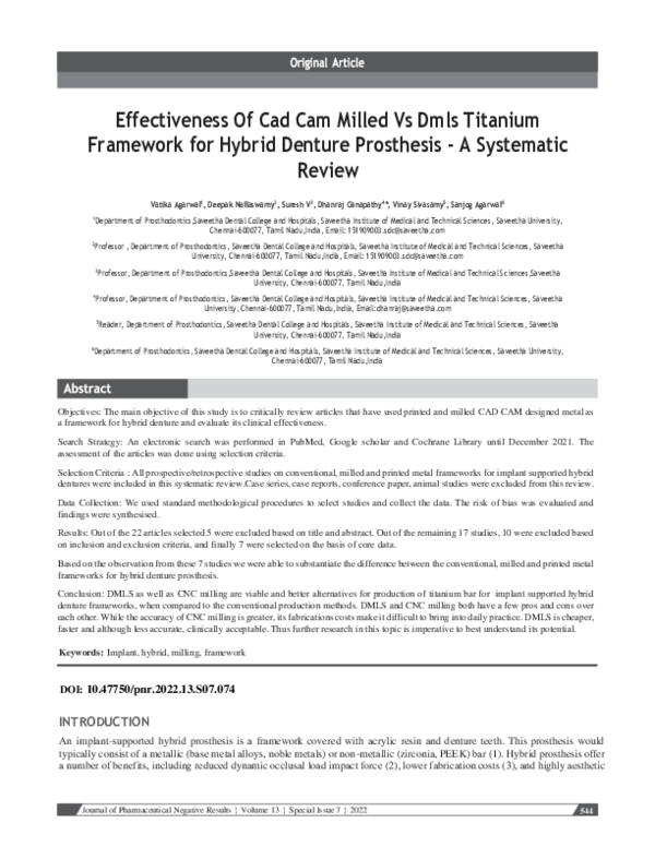 (PDF) Effectiveness Of Cad Cam Milled Vs Dmls Titanium Framework for ...