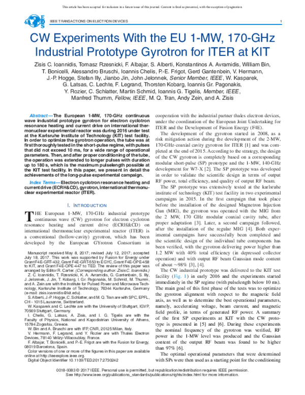 (PDF) CW Experiments With the EU 1-MW, 170-GHz Industrial Prototype ...