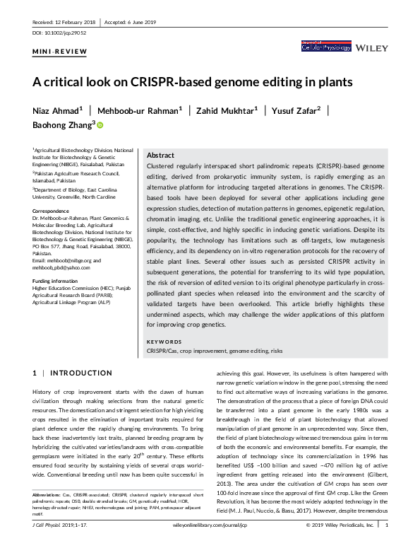 (PDF) A critical look on CRISPR‐based genome editing in plants