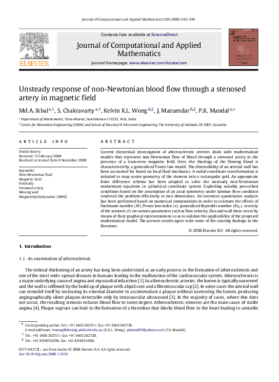 (PDF) Unsteady response of non-Newtonian blood flow through a stenosed ...