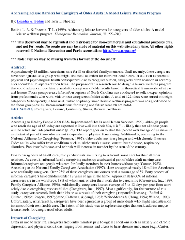 (PDF) Addressing leisure barriers for caregivers of older adults: A ...