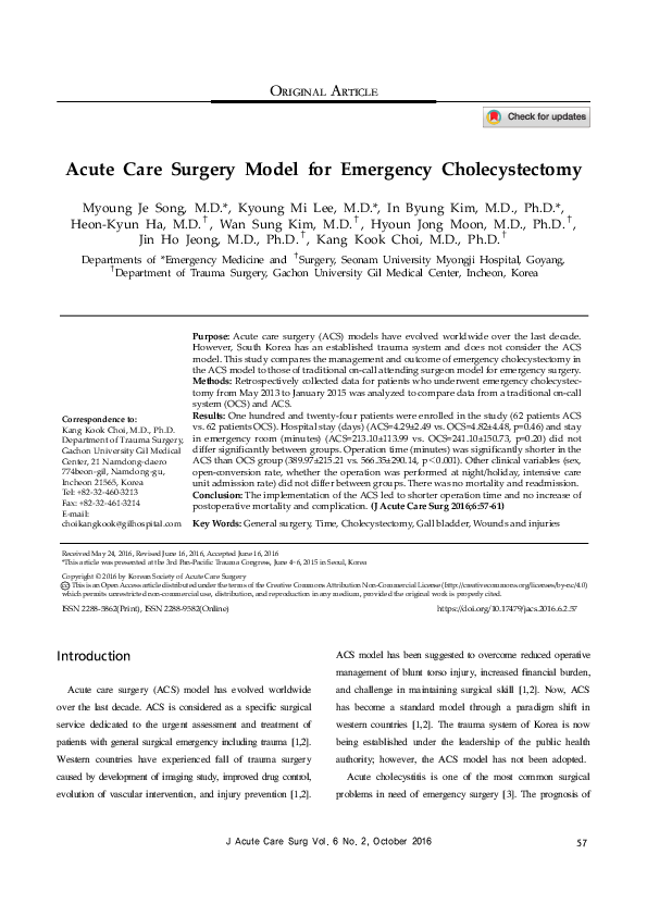 (PDF) Acute Care Surgery Model for Emergency Cholecystectomy