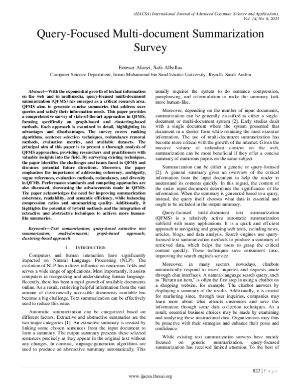 (PDF) Query-Focused Multi-document Summarization Survey