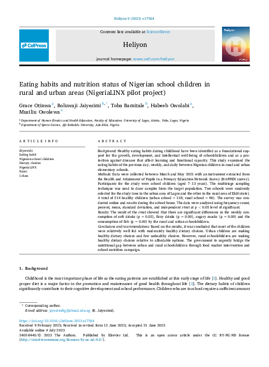 (PDF) Eating habits and nutrition status of Nigerian school children in ...