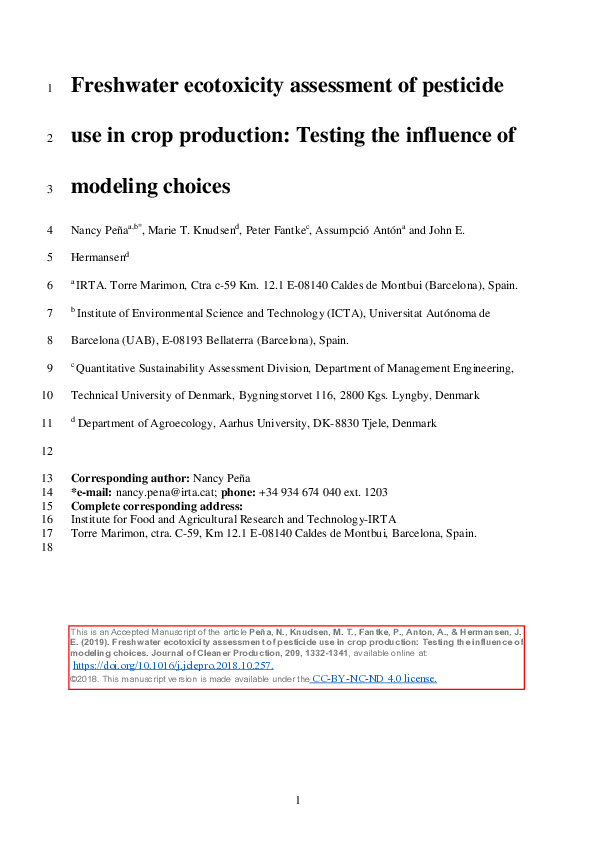 (PDF) Freshwater ecotoxicity assessment of pesticide use in crop ...