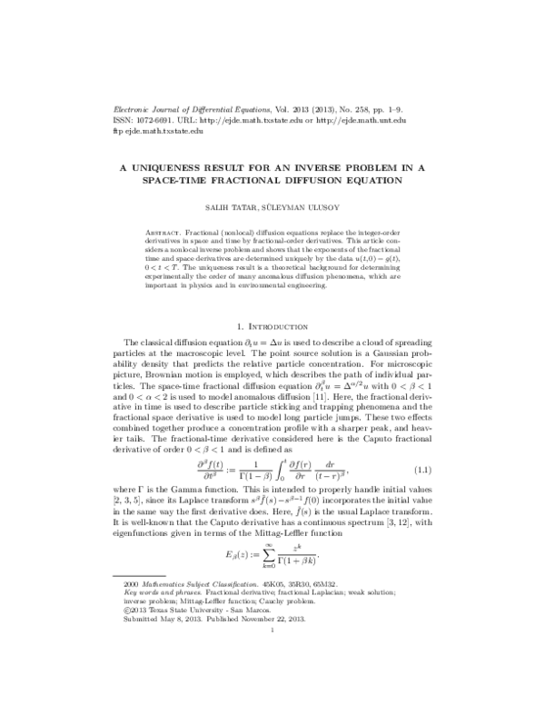 (PDF) A Uniqueness Result for an Inverse Problem in a Space-Time ...