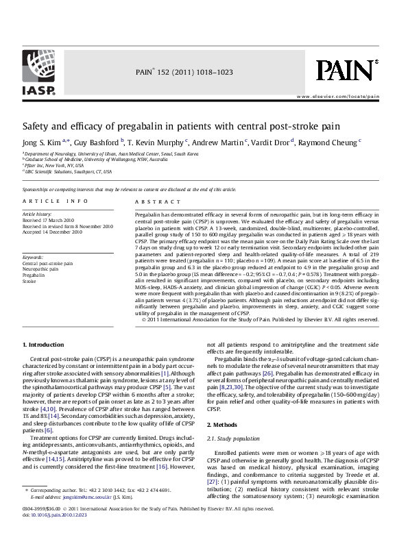 (PDF) Safety and efficacy of pregabalin in patients with central post ...