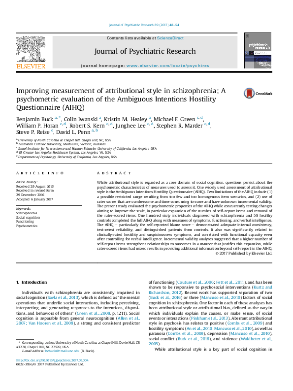 (PDF) Improving measurement of attributional style in schizophrenia; A ...