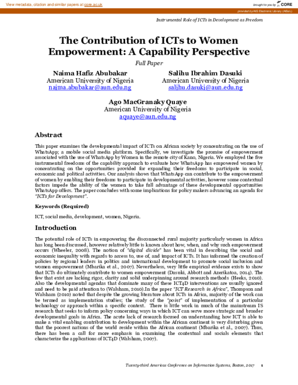 (PDF) The Contribution of ICTs to Women Empowerment: A Capability ...