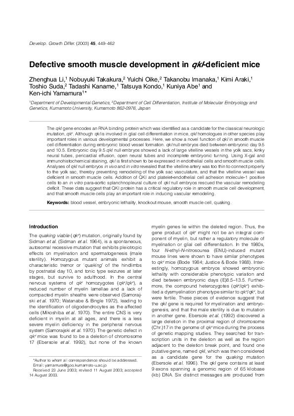 (PDF) Defective smooth muscle development in qkI-deficient mice