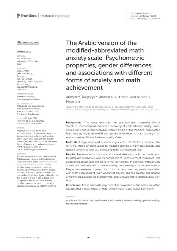 (PDF) The Arabic version of the modified-abbreviated math anxiety scale ...