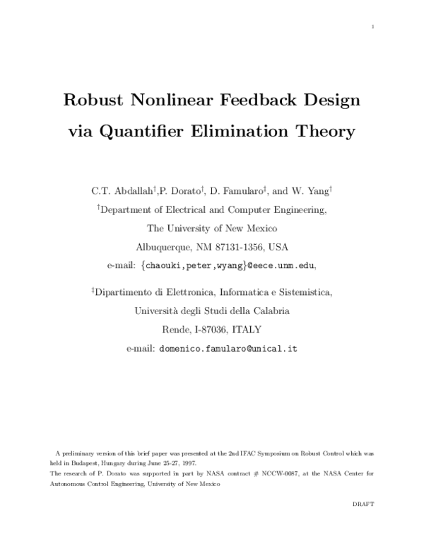 (PDF) Robust nonlinear feedback design via quantifier elimination theory