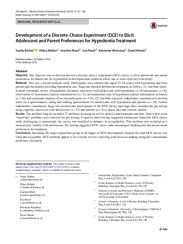 (PDF) Development of a Discrete Choice Experiment (DCE) Questionnaire ...