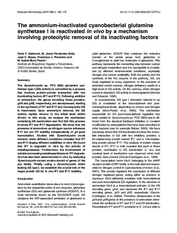 (PDF) The ammonium-inactivated cyanobacterial glutamine synthetase I is ...