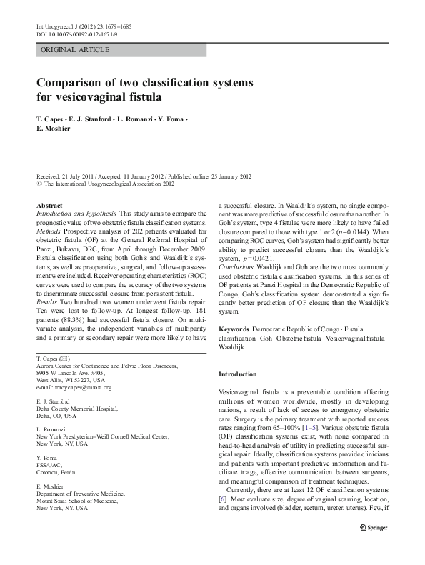 (PDF) Comparison of two classification systems for vesicovaginal fistula