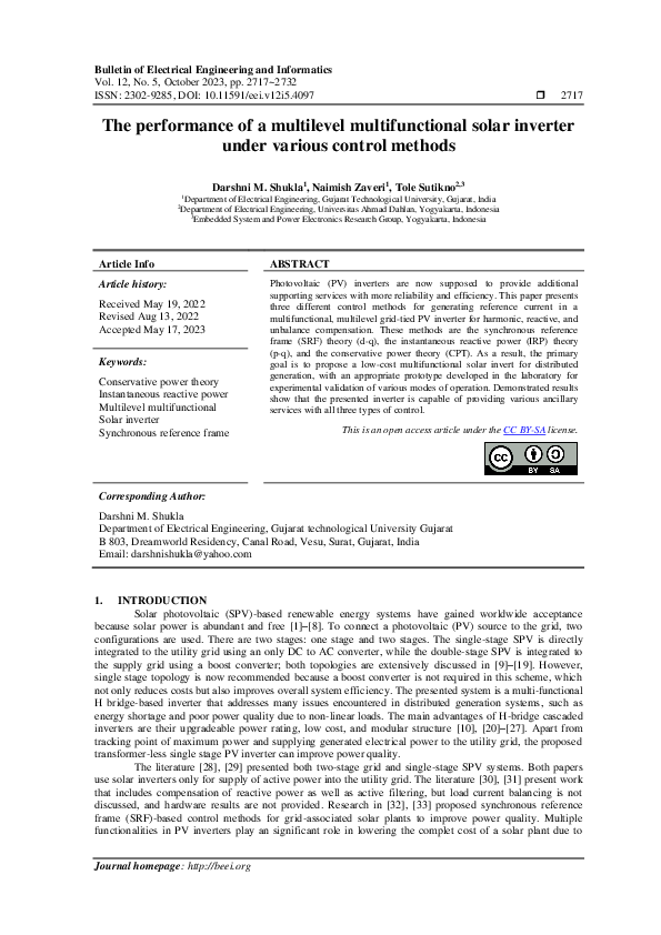 (PDF) The performance of a multilevel multifunctional solar inverter ...