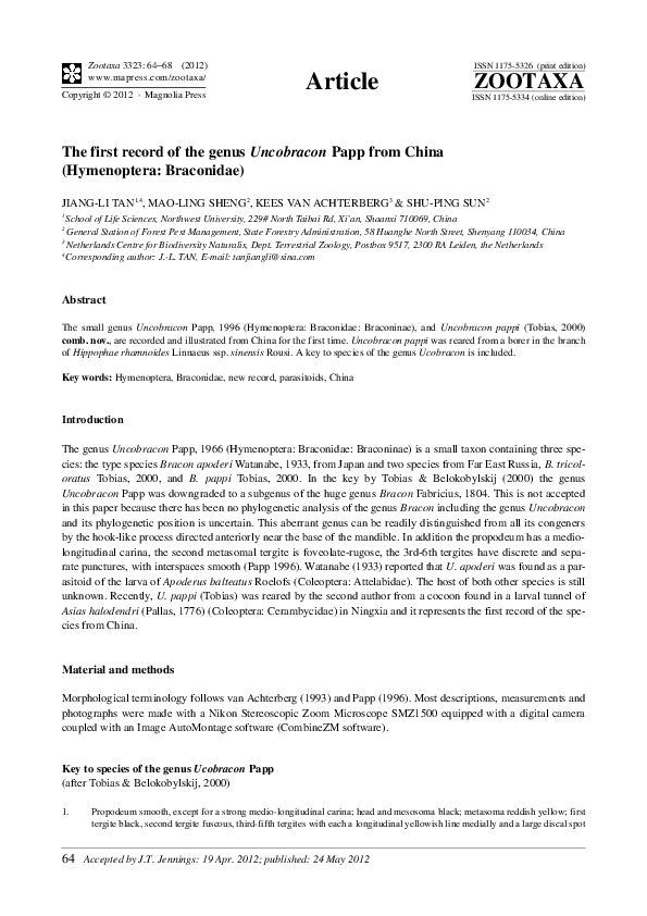 (PDF) The first record of the genus Uncobracon Papp from China ...
