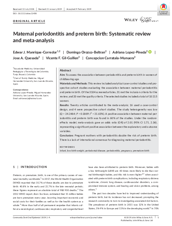 (PDF) Maternal periodontitis and preterm birth: Systematic review and ...