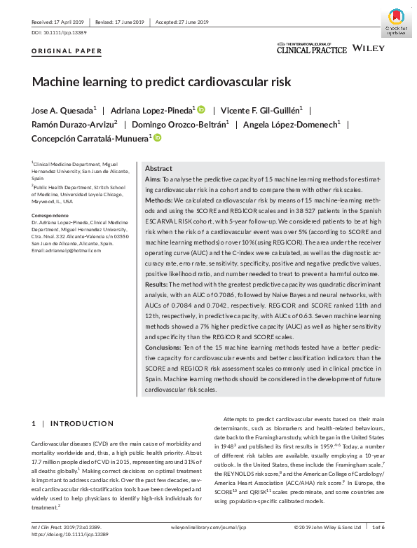(PDF) Machine learning to predict cardiovascular risk
