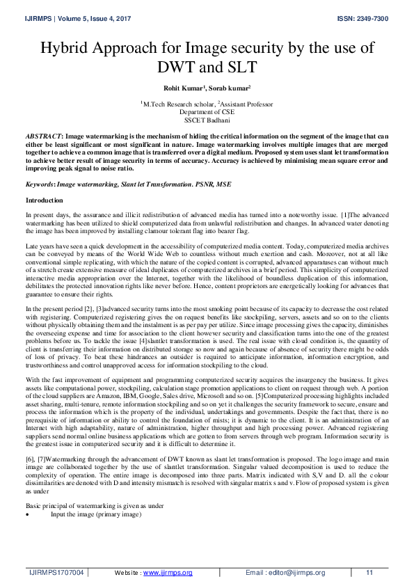 (PDF) Hybrid Approach for Image security by the use of DWT and SLT
