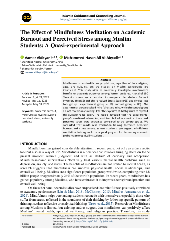 (PDF) The Effect of Mindfulness Meditation on Academic Burnout and ...