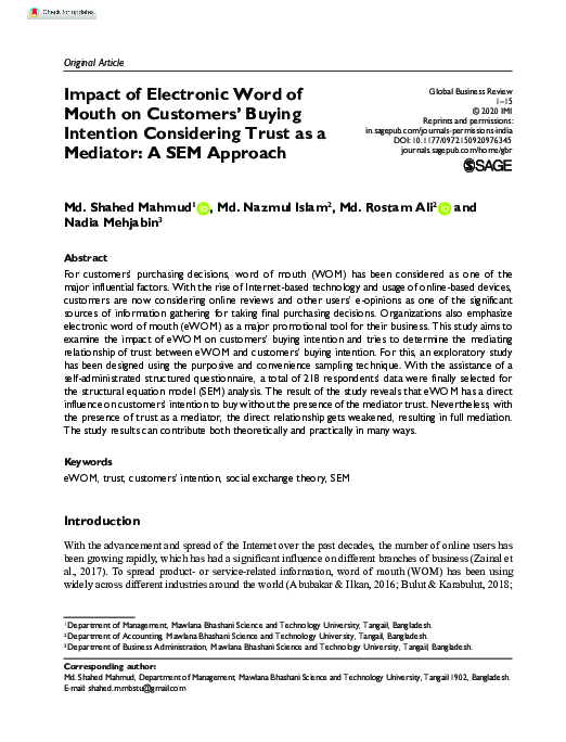 (PDF) Impact of Electronic Word of Mouth on Customers’ Buying Intention ...