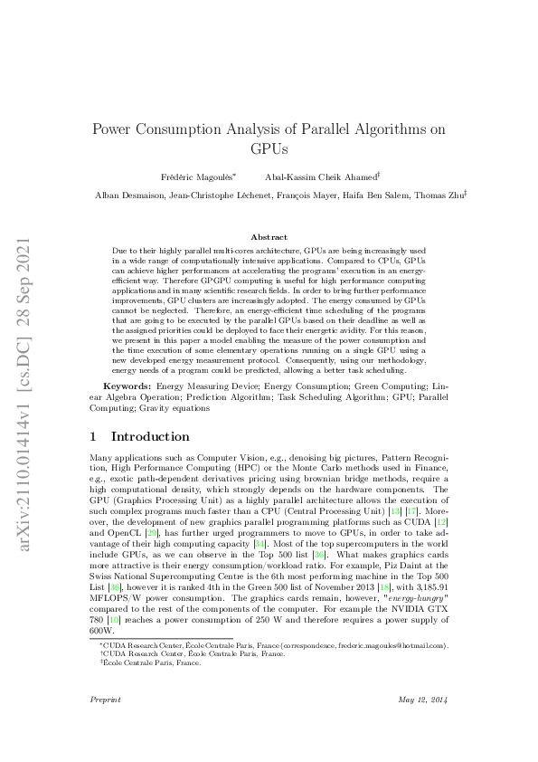 (PDF) Power Consumption Analysis of Parallel Algorithms on GPUs