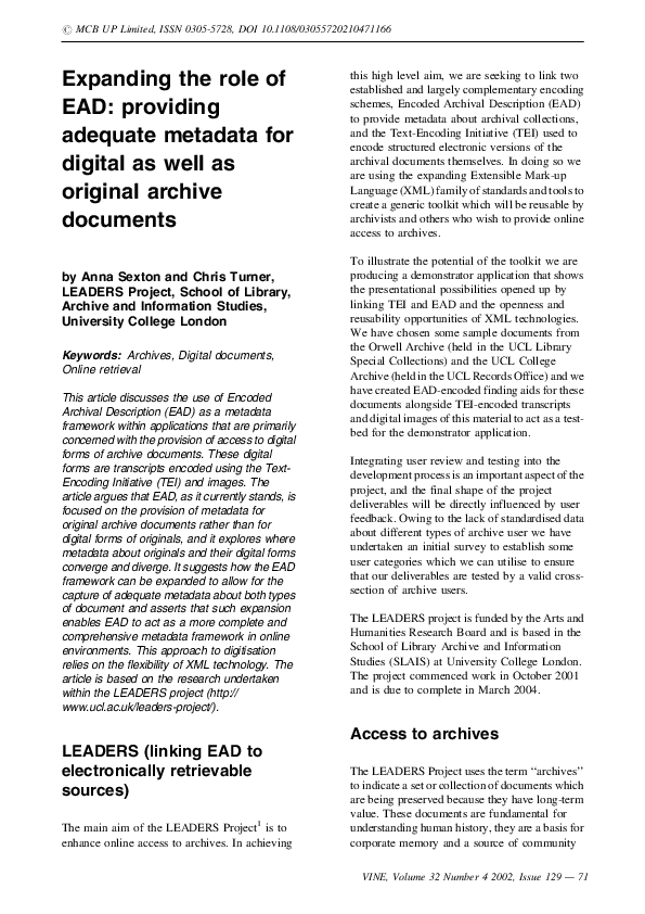 (PDF) Expanding the role of EAD: providing adequate metadata for ...