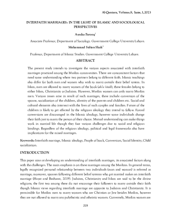 (PDF) INTERFAITH MARRIAGES: IN THE LIGHT OF ISLAMIC AND SOCIOLOGICAL ...