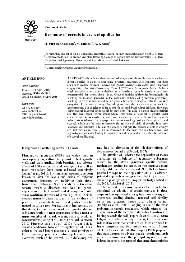 (PDF) Response of cereals to cycocel application