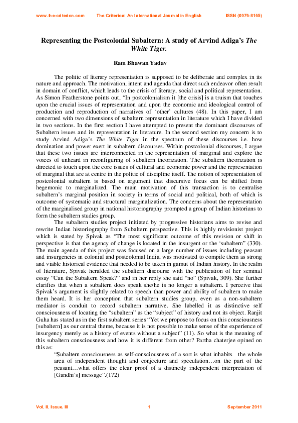 (PDF) Representing the Postcolonial Subaltern: A study of Arvind Adiga ...
