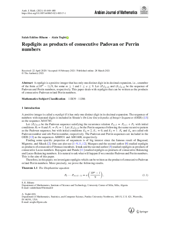 (PDF) Repdigits as products of consecutive Padovan or Perrin numbers