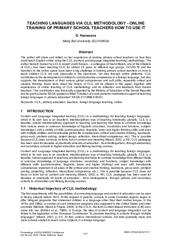 (PDF) TEACHING LANGUAGES VIA CLIL METHODOLOGY -ONLINE TRAINING OF ...