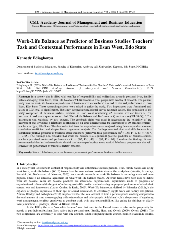 (PDF) Work-Life Balance as Predictor of Business Studies Teachers' Task ...