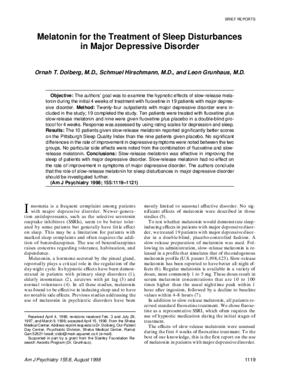 (PDF) Melatonin for the Treatment of Sleep Disturbances in Major ...