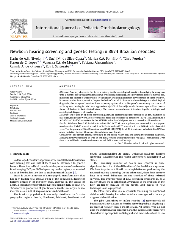 (PDF) Newborn hearing screening and genetic testing in 8974 Brazilian ...