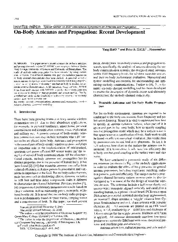(PDF) OnBody Antennas and Propagation Recent Development Yang Hao