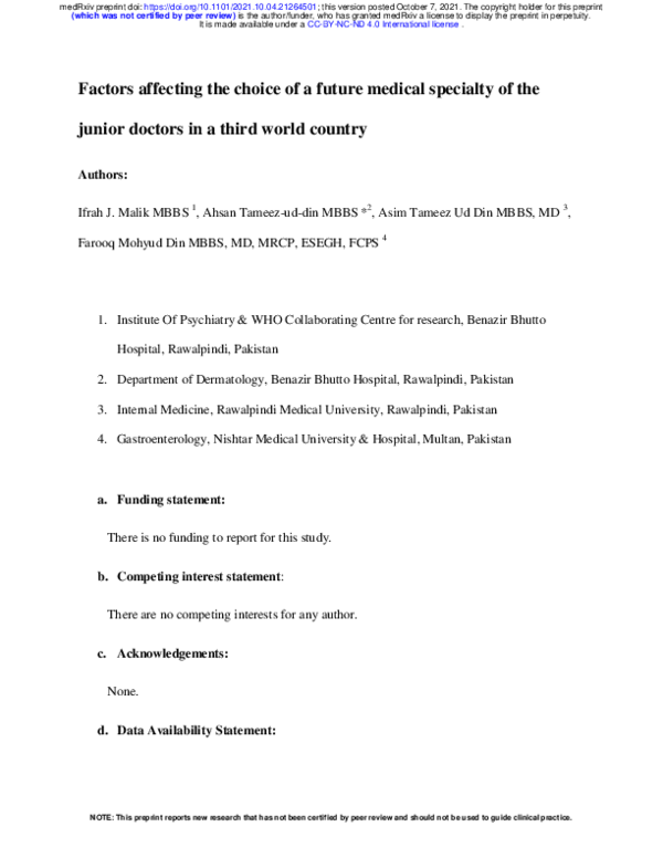 (PDF) Factors affecting the choice of a future medical specialty of the ...